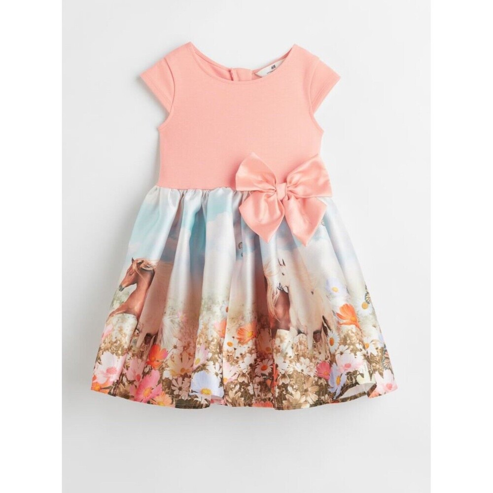 H&M Girls Flared Skirt Dress Pink With Horses  Flowers Size 6x-7 Lined